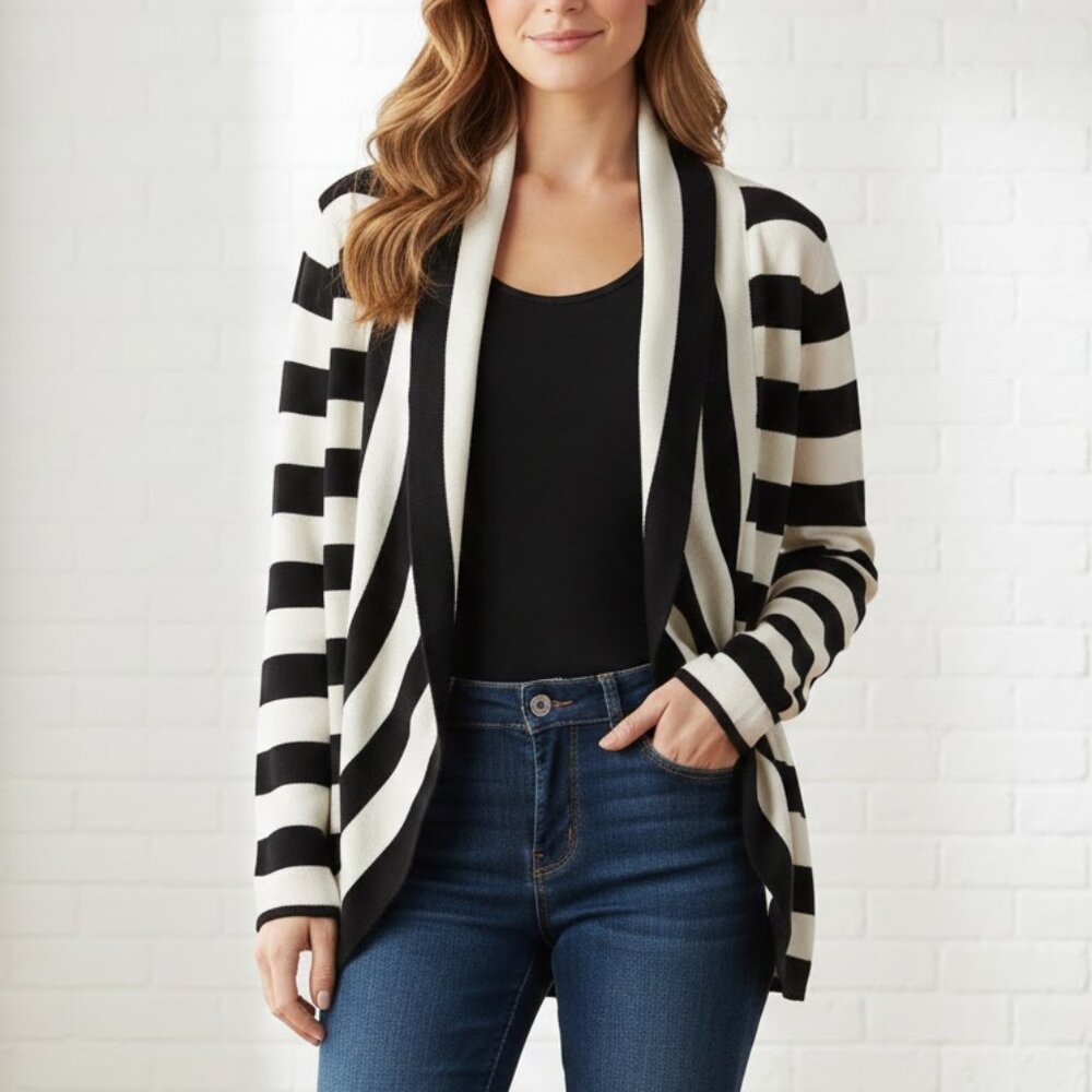 Premise Studio Womens Black and White Striped Long Sleeve Cardigan Size Medium